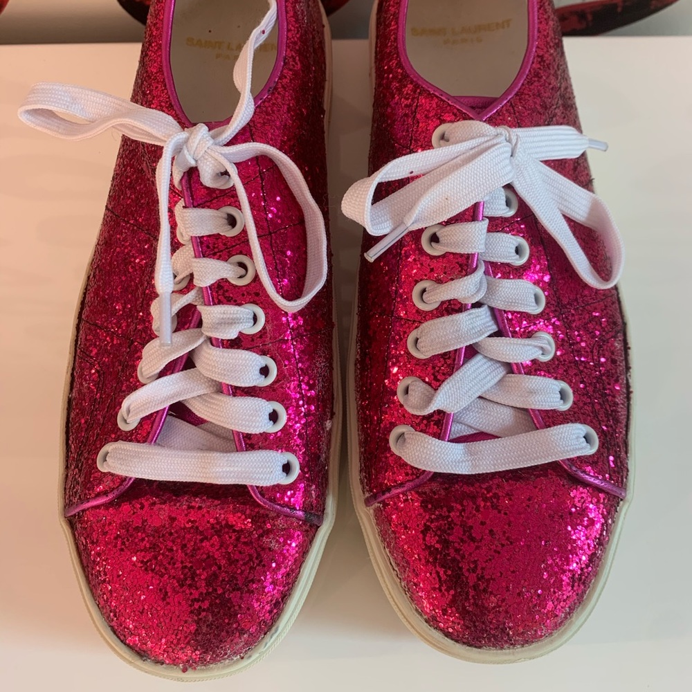 YSL pink glitter platform sneakers